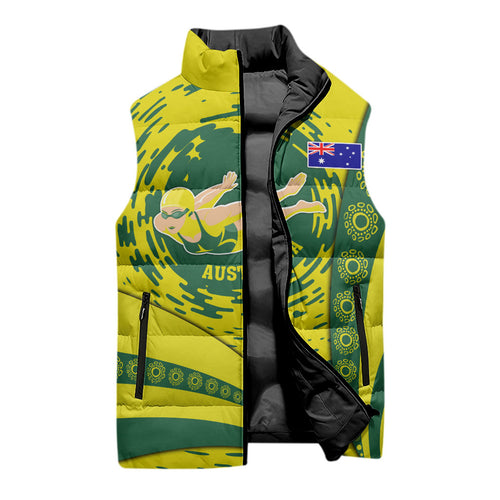 Personalized Australia Swimming Champion Sleeveless Puffer Jacket Freestyle Swimmer With Swirling Wave And Cultural Patterns