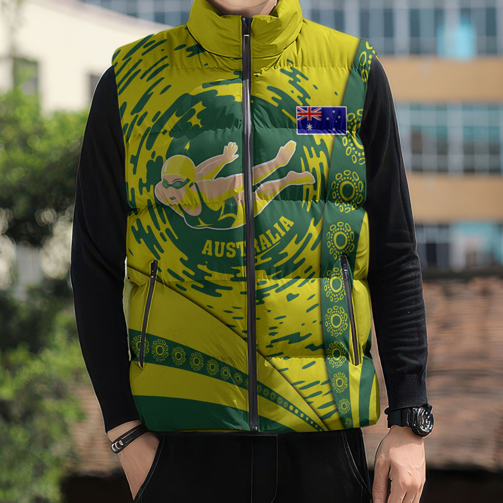 Personalized Australia Swimming Champion Sleeveless Puffer Jacket Freestyle Swimmer With Swirling Wave And Cultural Patterns