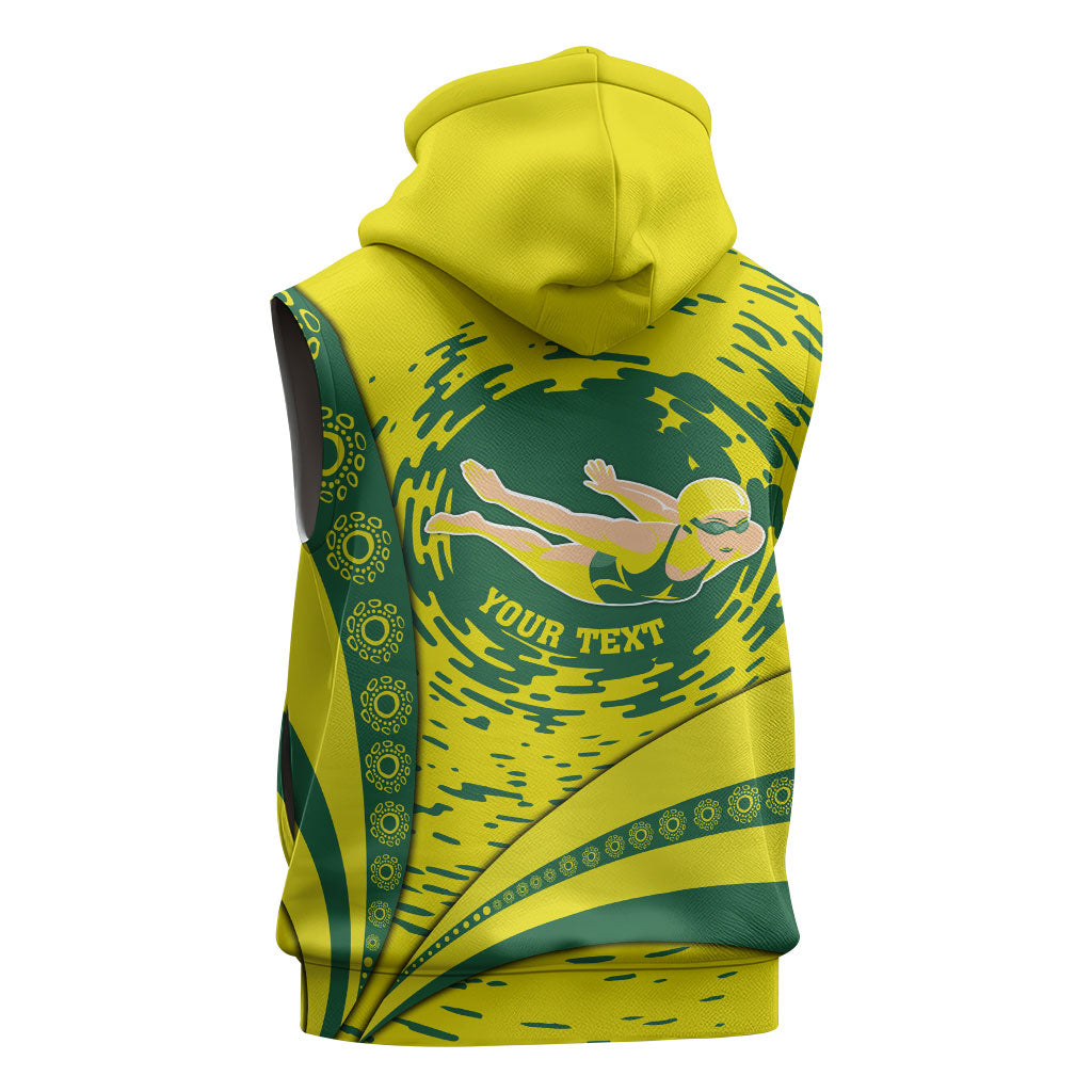 Personalized Australia Swimming Champion Sleeveless Zip Hoodie Freestyle Swimmer With Swirling Wave And Cultural Patterns