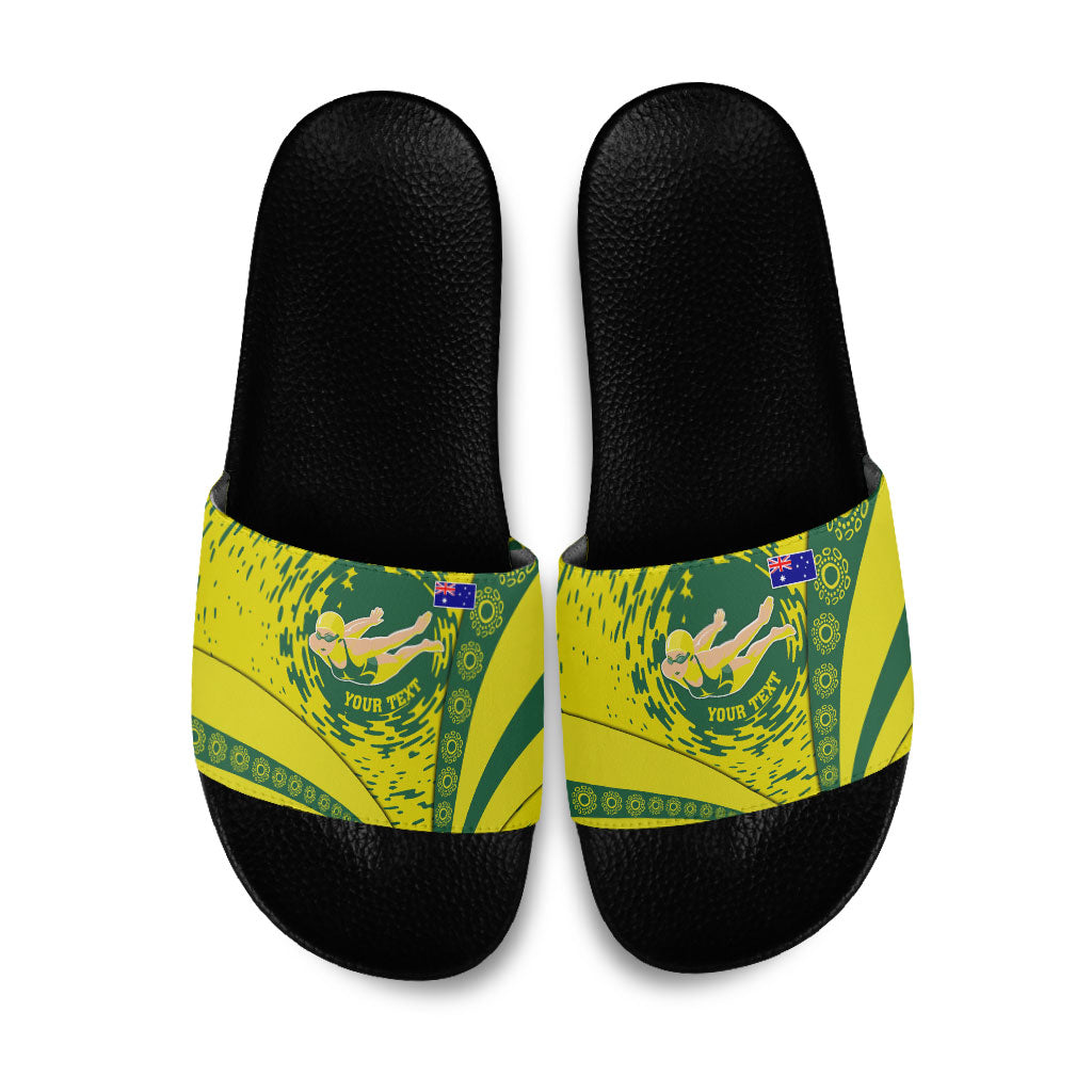 Personalized Australia Swimming Champion Slide Sandals Freestyle Swimmer With Swirling Wave And Cultural Patterns