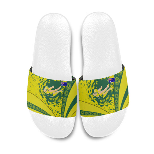 Personalized Australia Swimming Champion Slide Sandals Freestyle Swimmer With Swirling Wave And Cultural Patterns