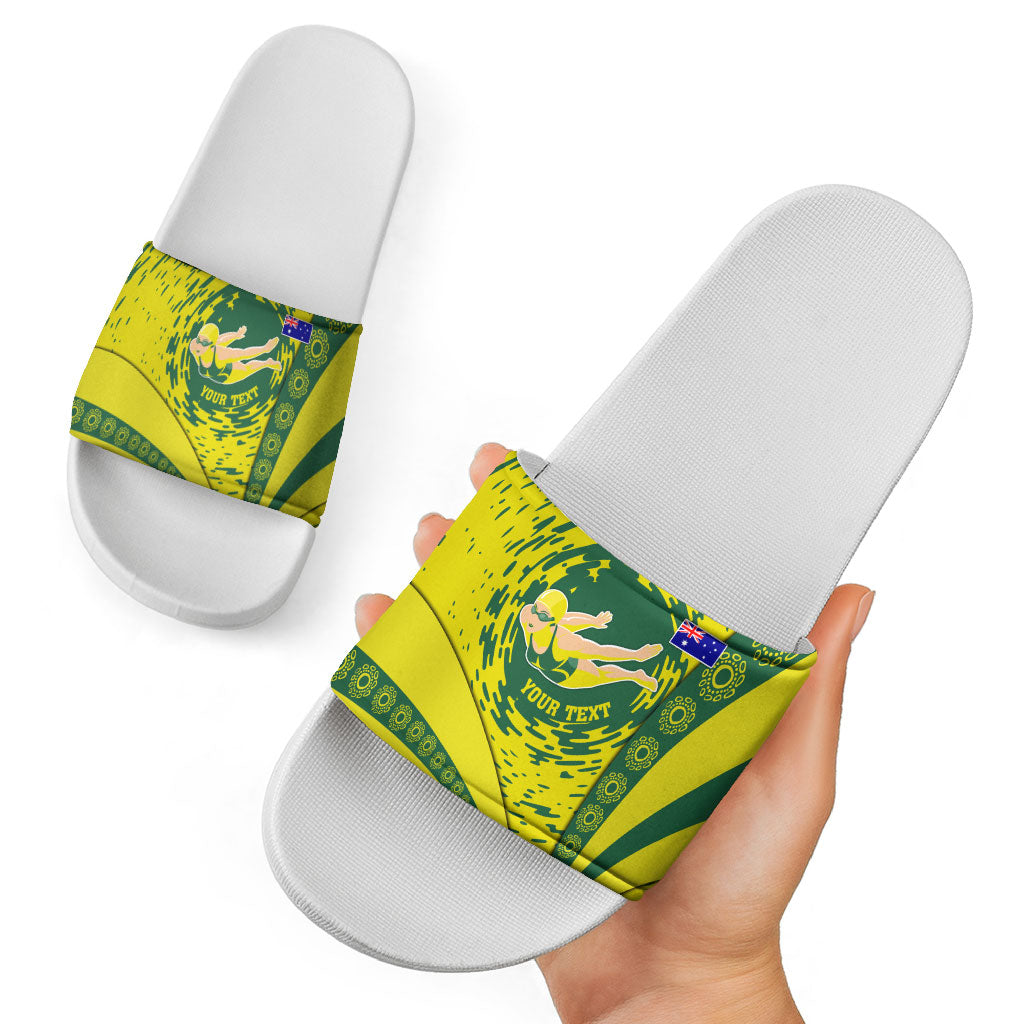 Personalized Australia Swimming Champion Slide Sandals Freestyle Swimmer With Swirling Wave And Cultural Patterns