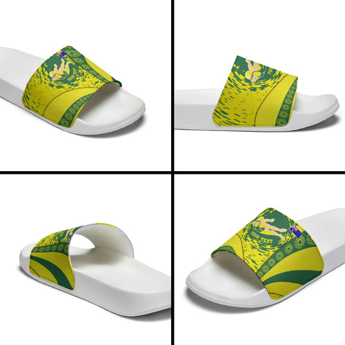 Personalized Australia Swimming Champion Slide Sandals Freestyle Swimmer With Swirling Wave And Cultural Patterns