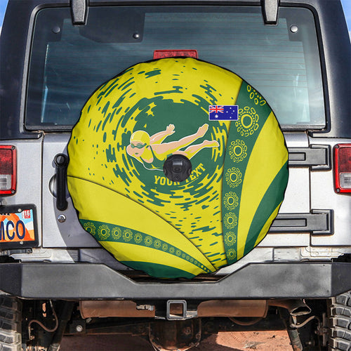 Personalized Australia Swimming Champion Spare Tire Cover Freestyle Swimmer With Swirling Wave And Cultural Patterns