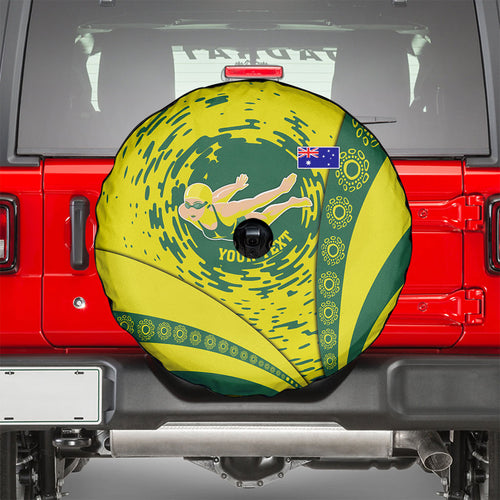 Personalized Australia Swimming Champion Spare Tire Cover Freestyle Swimmer With Swirling Wave And Cultural Patterns