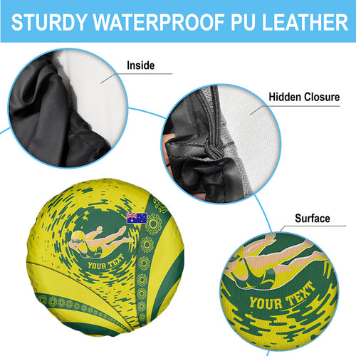 Personalized Australia Swimming Champion Spare Tire Cover Freestyle Swimmer With Swirling Wave And Cultural Patterns
