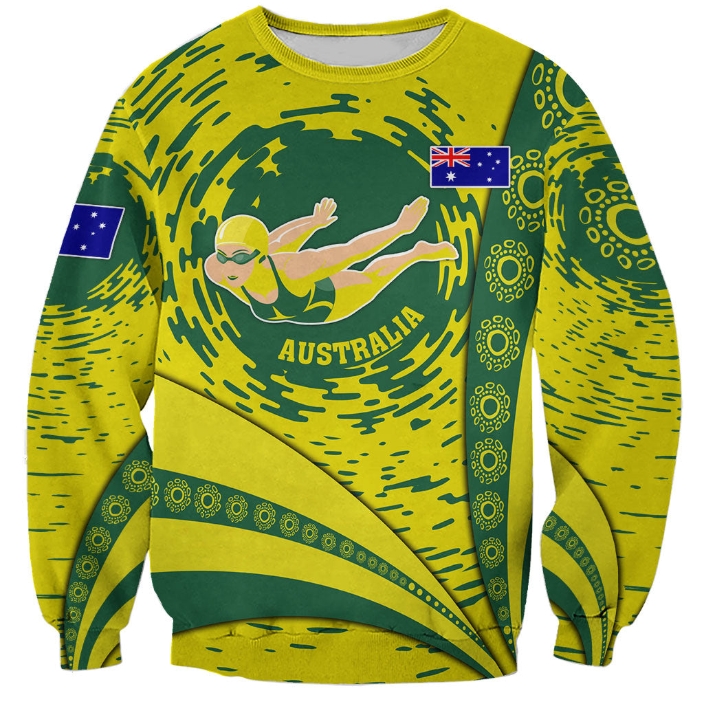 Personalized Australia Swimming Champion Sweatshirt Freestyle Swimmer With Swirling Wave And Cultural Patterns