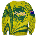 Personalized Australia Swimming Champion Sweatshirt Freestyle Swimmer With Swirling Wave And Cultural Patterns