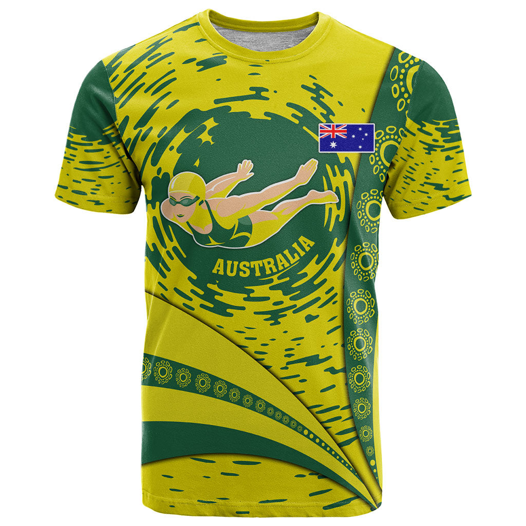Personalized Australia Swimming Champion T Shirt Freestyle Swimmer With Swirling Wave And Cultural Patterns