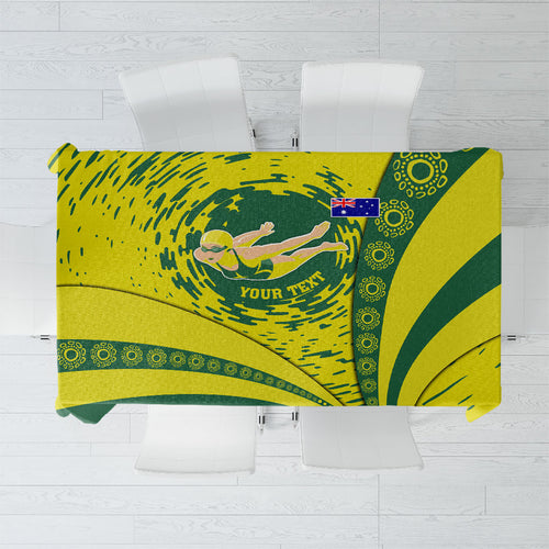 Personalized Australia Swimming Champion Tablecloth Freestyle Swimmer With Swirling Wave And Cultural Patterns