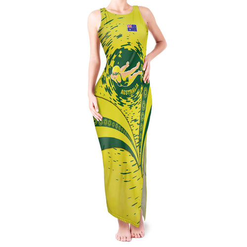 Personalized Australia Swimming Champion Tank Maxi Dress Freestyle Swimmer With Swirling Wave And Cultural Patterns