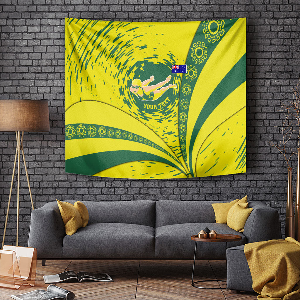 Personalized Australia Swimming Champion Tapestry Freestyle Swimmer With Swirling Wave And Cultural Patterns