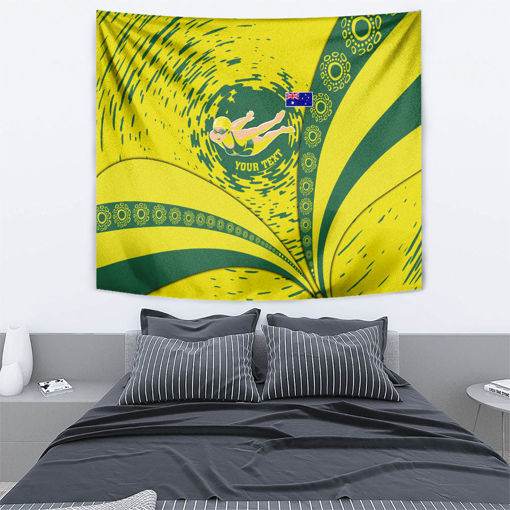 Personalized Australia Swimming Champion Tapestry Freestyle Swimmer With Swirling Wave And Cultural Patterns