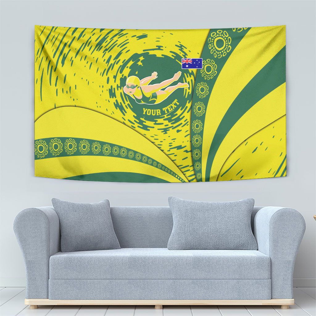 Personalized Australia Swimming Champion Tapestry Freestyle Swimmer With Swirling Wave And Cultural Patterns