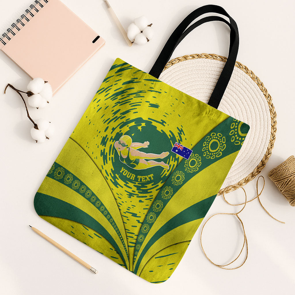 Personalized Australia Swimming Champion Tote Bag Freestyle Swimmer With Swirling Wave And Cultural Patterns