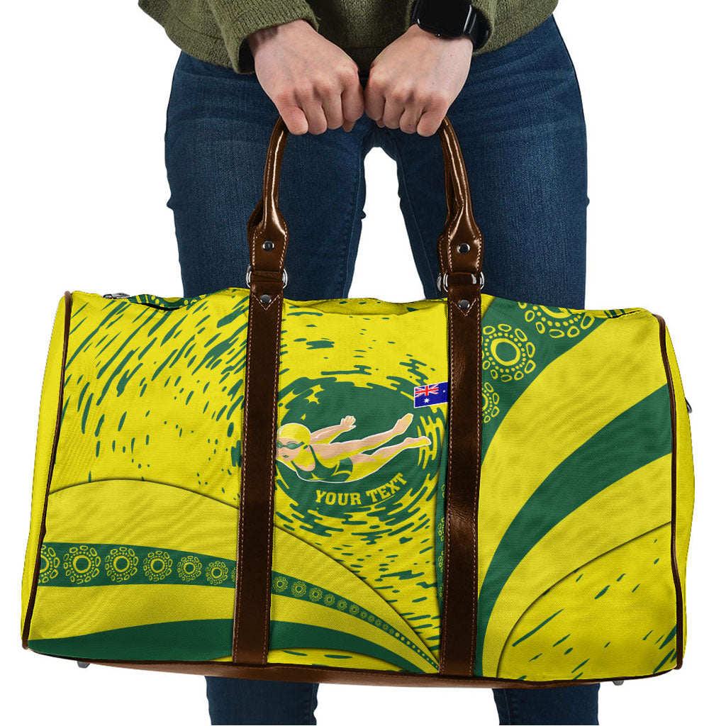 Personalized Australia Swimming Champion Travel Bag Freestyle Swimmer With Swirling Wave And Cultural Patterns