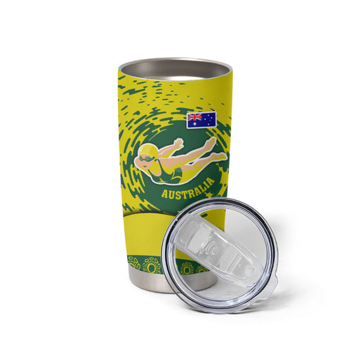 Personalized Australia Swimming Champion Tumbler Cup Freestyle Swimmer With Swirling Wave And Cultural Patterns