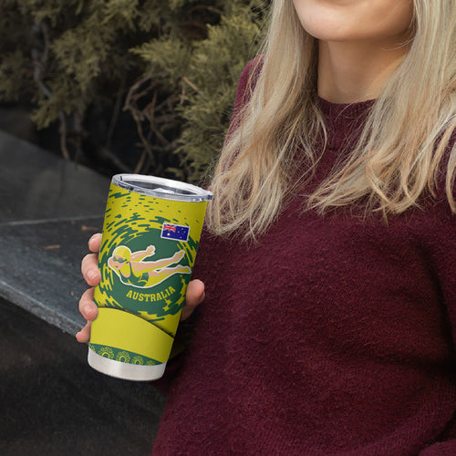 Personalized Australia Swimming Champion Tumbler Cup Freestyle Swimmer With Swirling Wave And Cultural Patterns