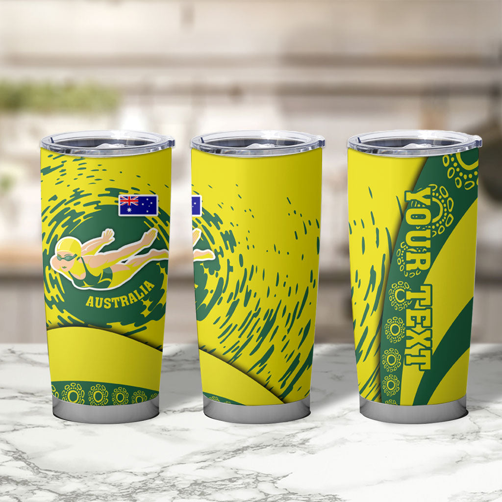 Personalized Australia Swimming Champion Tumbler Cup Freestyle Swimmer With Swirling Wave And Cultural Patterns