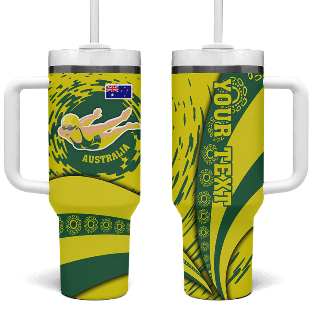 Personalized Australia Swimming Champion Tumbler With Handle Freestyle Swimmer With Swirling Wave And Cultural Patterns