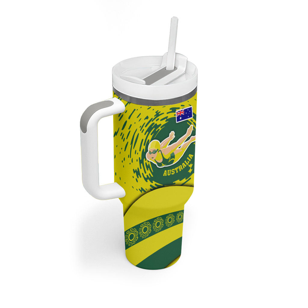 Personalized Australia Swimming Champion Tumbler With Handle Freestyle Swimmer With Swirling Wave And Cultural Patterns