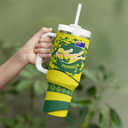 Personalized Australia Swimming Champion Tumbler With Handle Freestyle Swimmer With Swirling Wave And Cultural Patterns