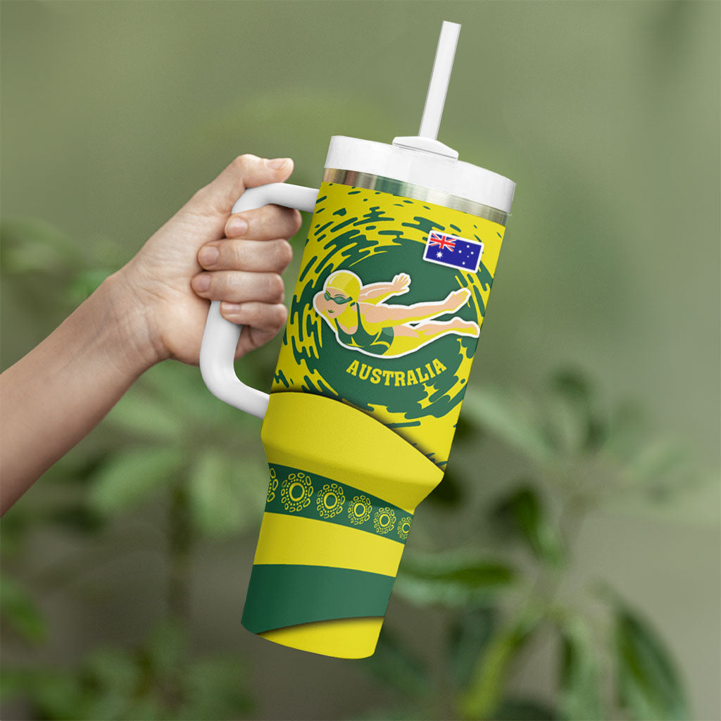 Personalized Australia Swimming Champion Tumbler With Handle Freestyle Swimmer With Swirling Wave And Cultural Patterns