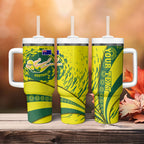 Personalized Australia Swimming Champion Tumbler With Handle Freestyle Swimmer With Swirling Wave And Cultural Patterns