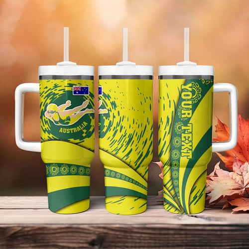 Personalized Australia Swimming Champion Tumbler With Handle Freestyle Swimmer With Swirling Wave And Cultural Patterns