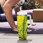 Personalized Australia Swimming Champion Tumbler With Handle Freestyle Swimmer With Swirling Wave And Cultural Patterns
