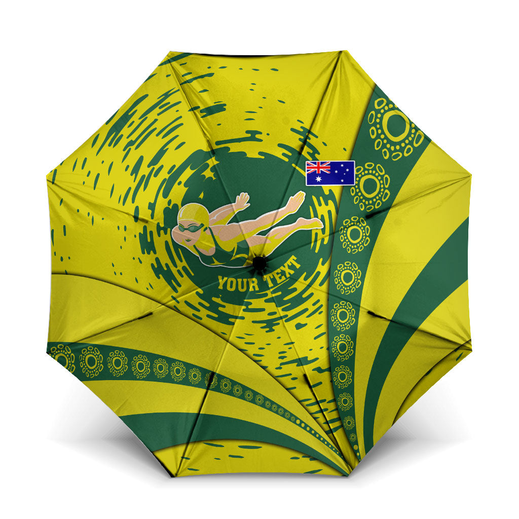 Personalized Australia Swimming Champion Umbrella Freestyle Swimmer With Swirling Wave And Cultural Patterns