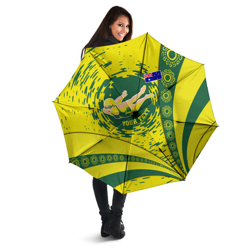 Personalized Australia Swimming Champion Umbrella Freestyle Swimmer With Swirling Wave And Cultural Patterns