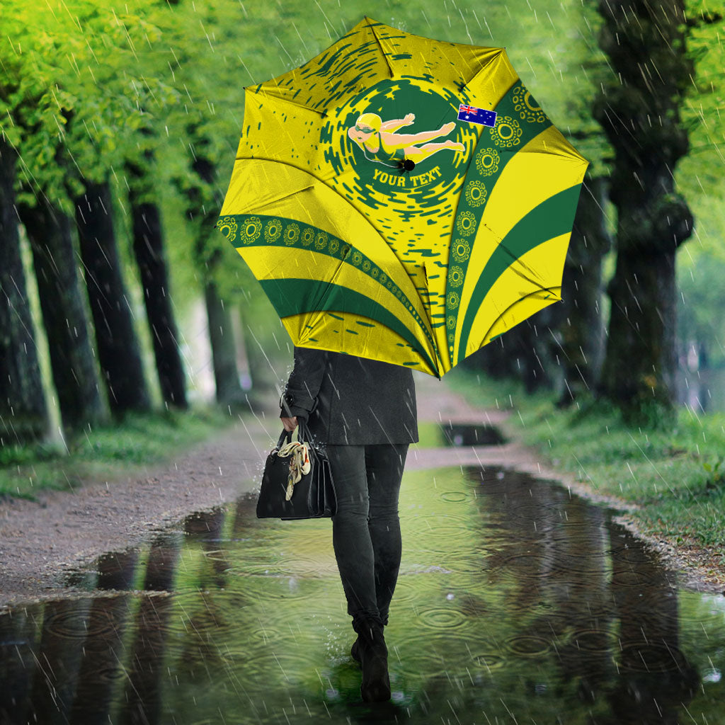 Personalized Australia Swimming Champion Umbrella Freestyle Swimmer With Swirling Wave And Cultural Patterns