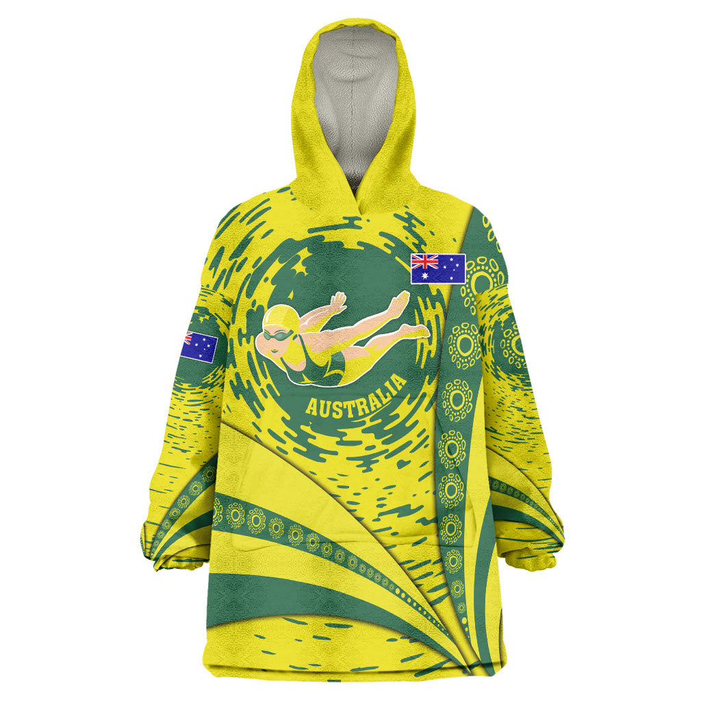 Personalized Australia Swimming Champion Wearable Blanket Hoodie Freestyle Swimmer With Swirling Wave And Cultural Patterns