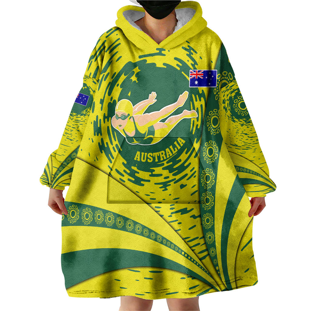 Personalized Australia Swimming Champion Wearable Blanket Hoodie Freestyle Swimmer With Swirling Wave And Cultural Patterns