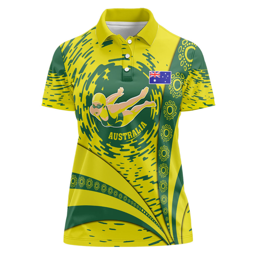 Personalized Australia Swimming Champion Women Polo Shirt Freestyle Swimmer With Swirling Wave And Cultural Patterns