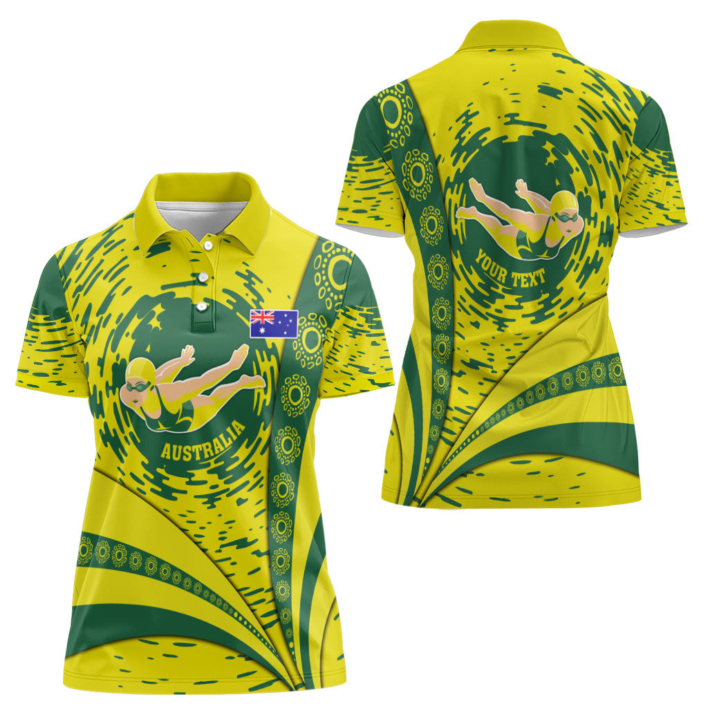 Personalized Australia Swimming Champion Women Polo Shirt Freestyle Swimmer With Swirling Wave And Cultural Patterns
