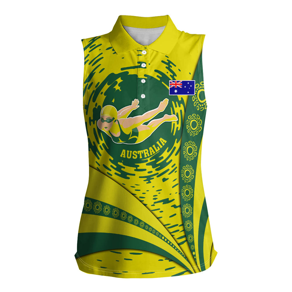 Personalized Australia Swimming Champion Women Sleeveless Polo Shirt Freestyle Swimmer With Swirling Wave And Cultural Patterns