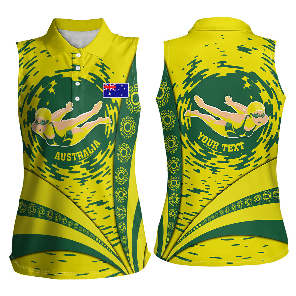 Personalized Australia Swimming Champion Women Sleeveless Polo Shirt Freestyle Swimmer With Swirling Wave And Cultural Patterns