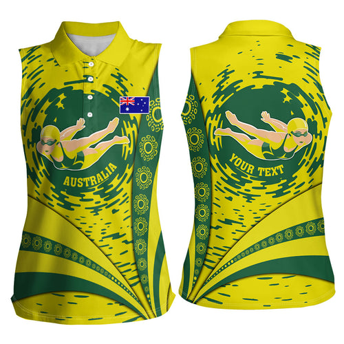 Personalized Australia Swimming Champion Women Sleeveless Polo Shirt Freestyle Swimmer With Swirling Wave And Cultural Patterns