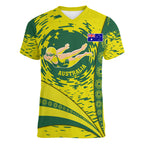 Personalized Australia Swimming Champion Women V-Neck T-Shirt Freestyle Swimmer With Swirling Wave And Cultural Patterns