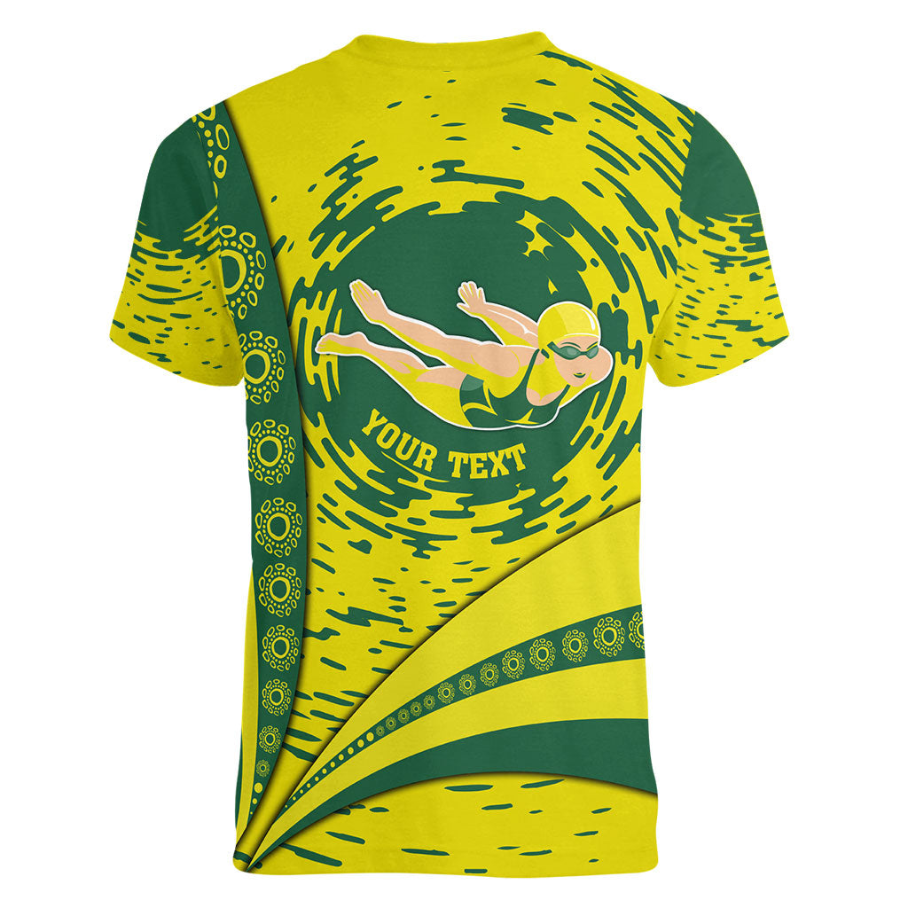 Personalized Australia Swimming Champion Women V-Neck T-Shirt Freestyle Swimmer With Swirling Wave And Cultural Patterns