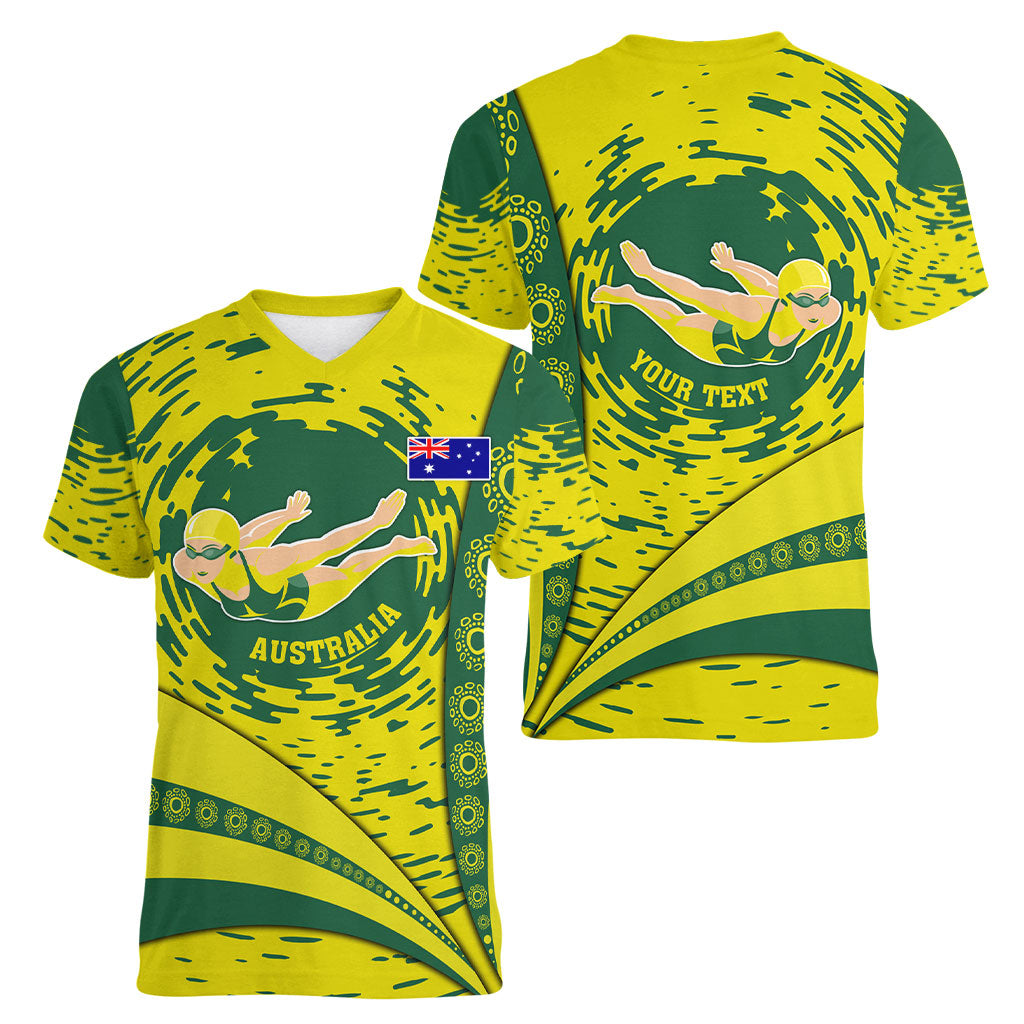 Personalized Australia Swimming Champion Women V-Neck T-Shirt Freestyle Swimmer With Swirling Wave And Cultural Patterns