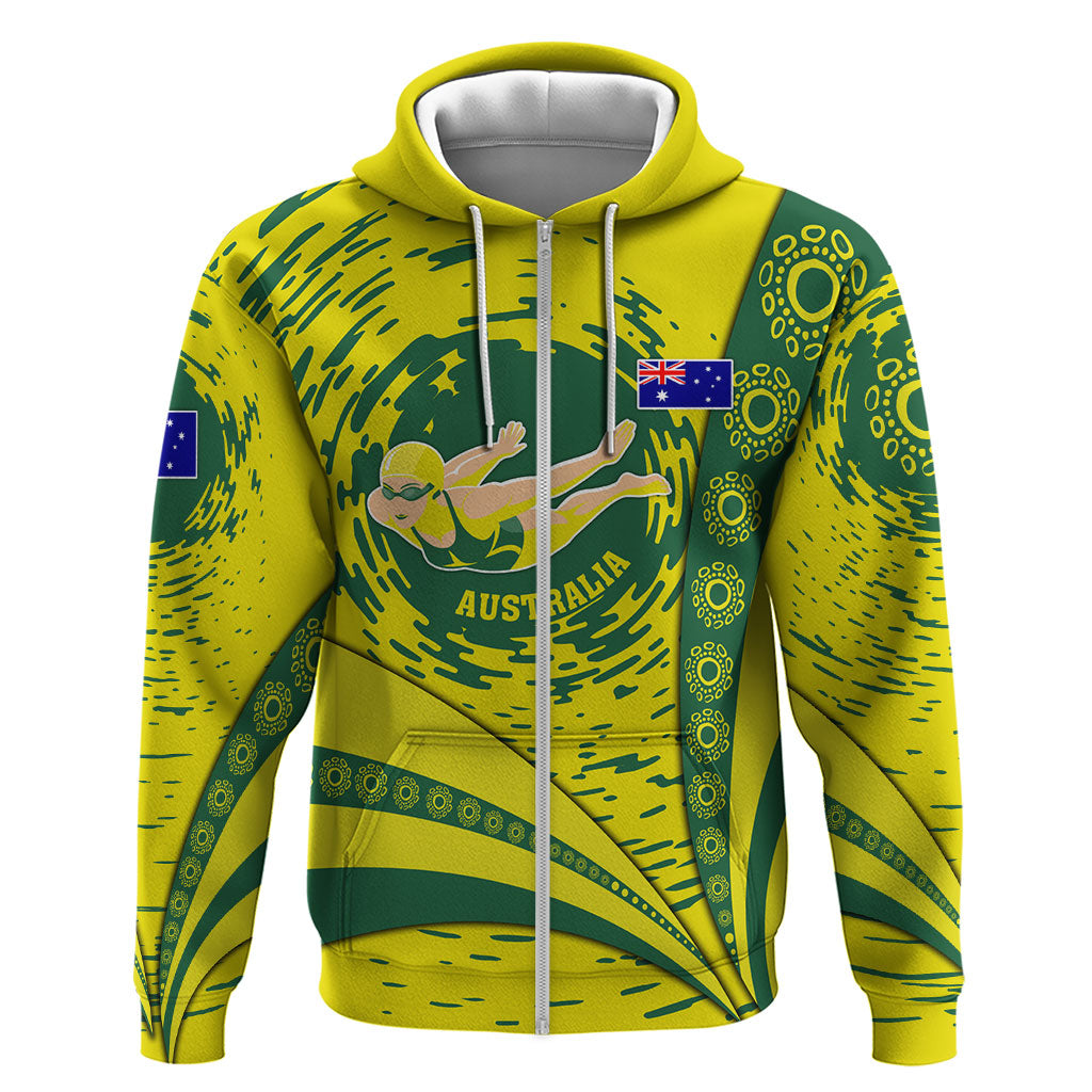 Personalized Australia Swimming Champion Zip Hoodie Freestyle Swimmer With Swirling Wave And Cultural Patterns