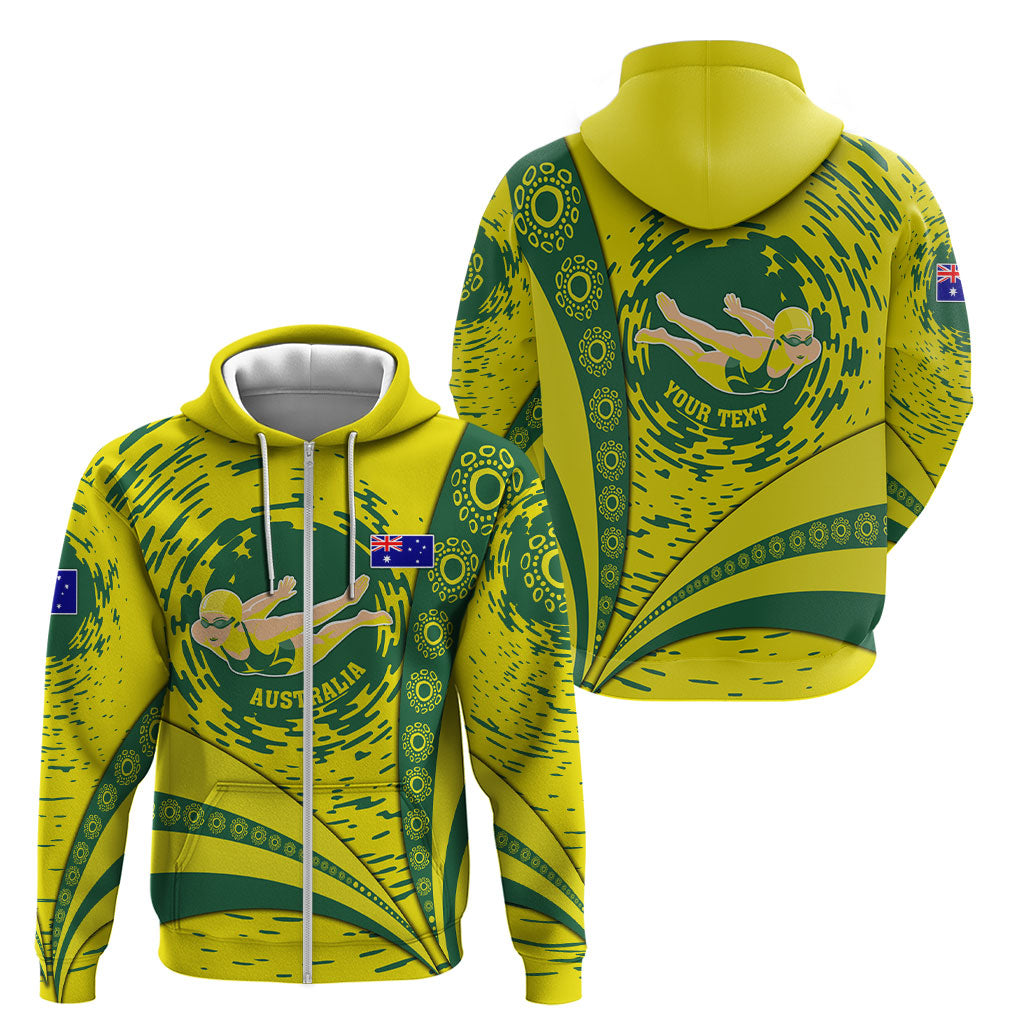 Personalized Australia Swimming Champion Zip Hoodie Freestyle Swimmer With Swirling Wave And Cultural Patterns