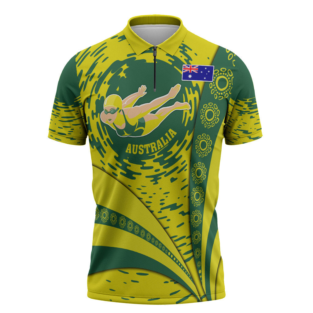 Personalized Australia Swimming Champion Zipper Polo Shirt Freestyle Swimmer With Swirling Wave And Cultural Patterns