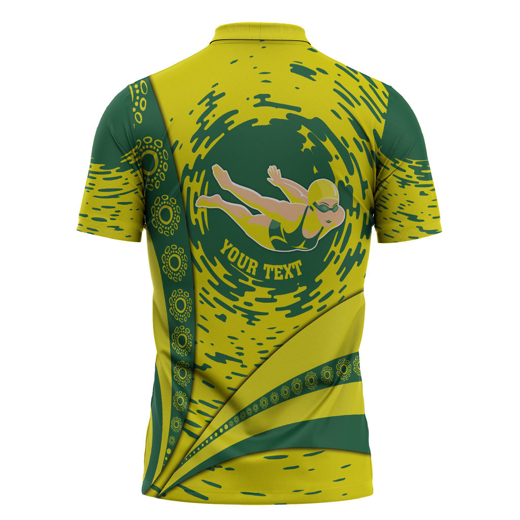 Personalized Australia Swimming Champion Zipper Polo Shirt Freestyle Swimmer With Swirling Wave And Cultural Patterns