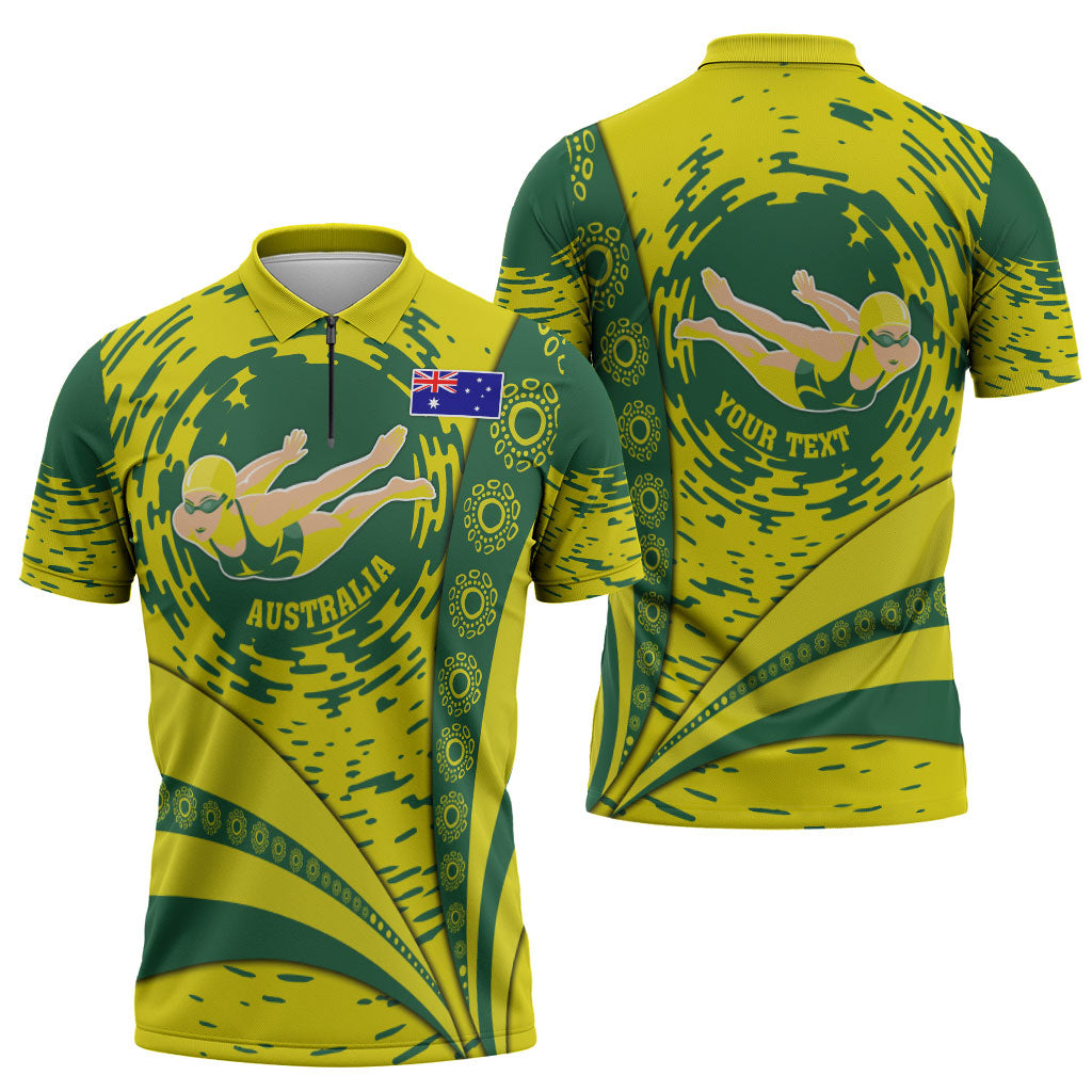Personalized Australia Swimming Champion Zipper Polo Shirt Freestyle Swimmer With Swirling Wave And Cultural Patterns