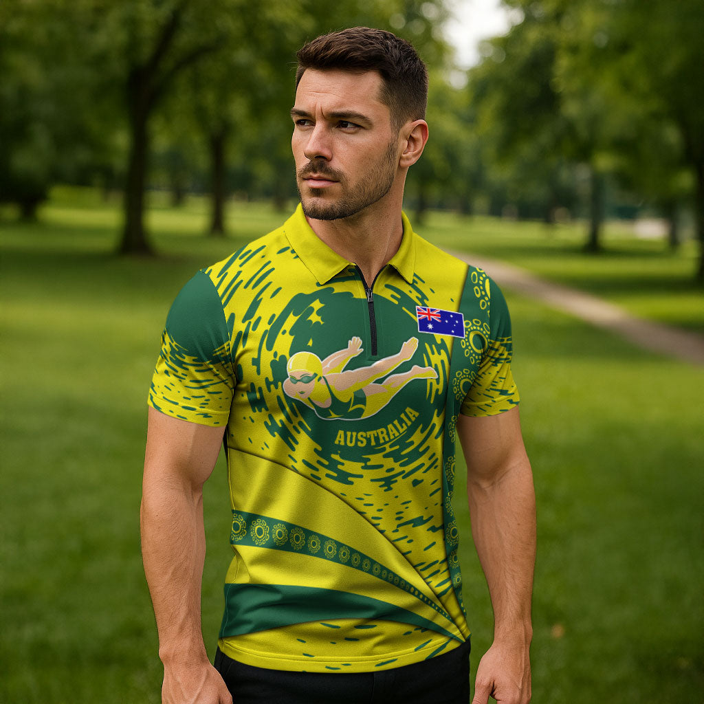 Personalized Australia Swimming Champion Zipper Polo Shirt Freestyle Swimmer With Swirling Wave And Cultural Patterns