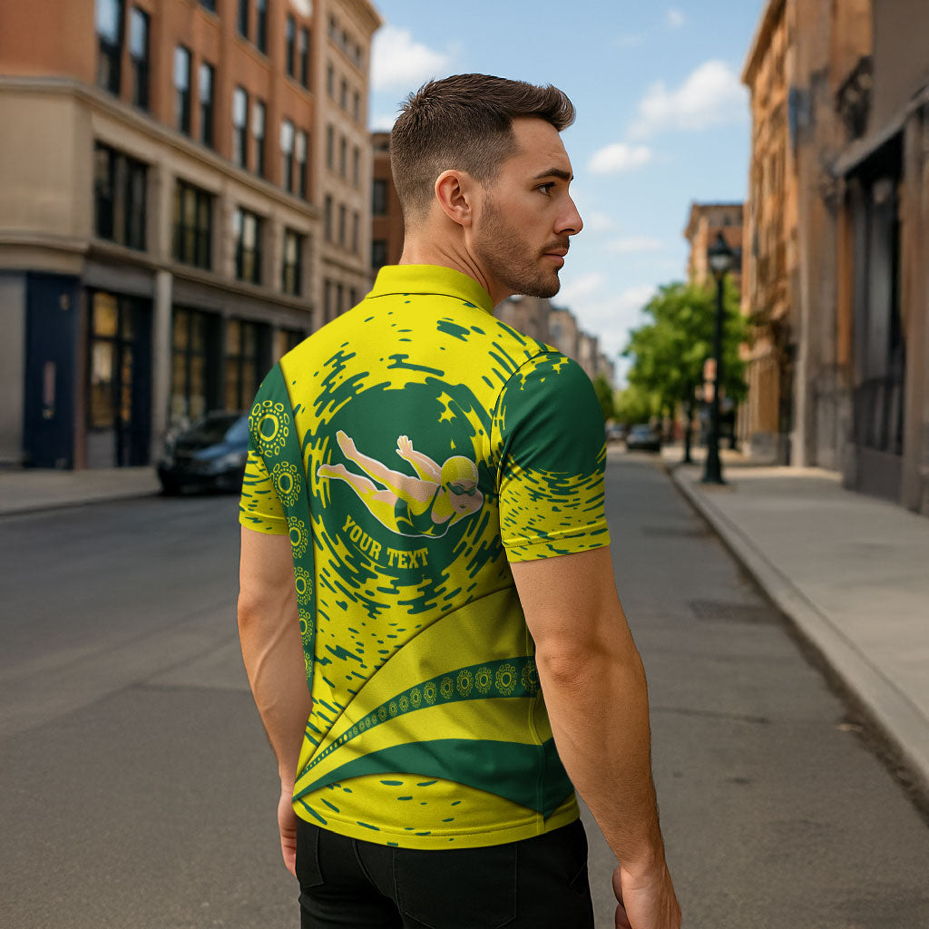 Personalized Australia Swimming Champion Zipper Polo Shirt Freestyle Swimmer With Swirling Wave And Cultural Patterns